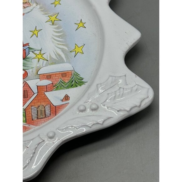 12"Vintage Christmas Santa & Village Ceramic Plate Decorative Holly Design READ - Picture 4 of 13